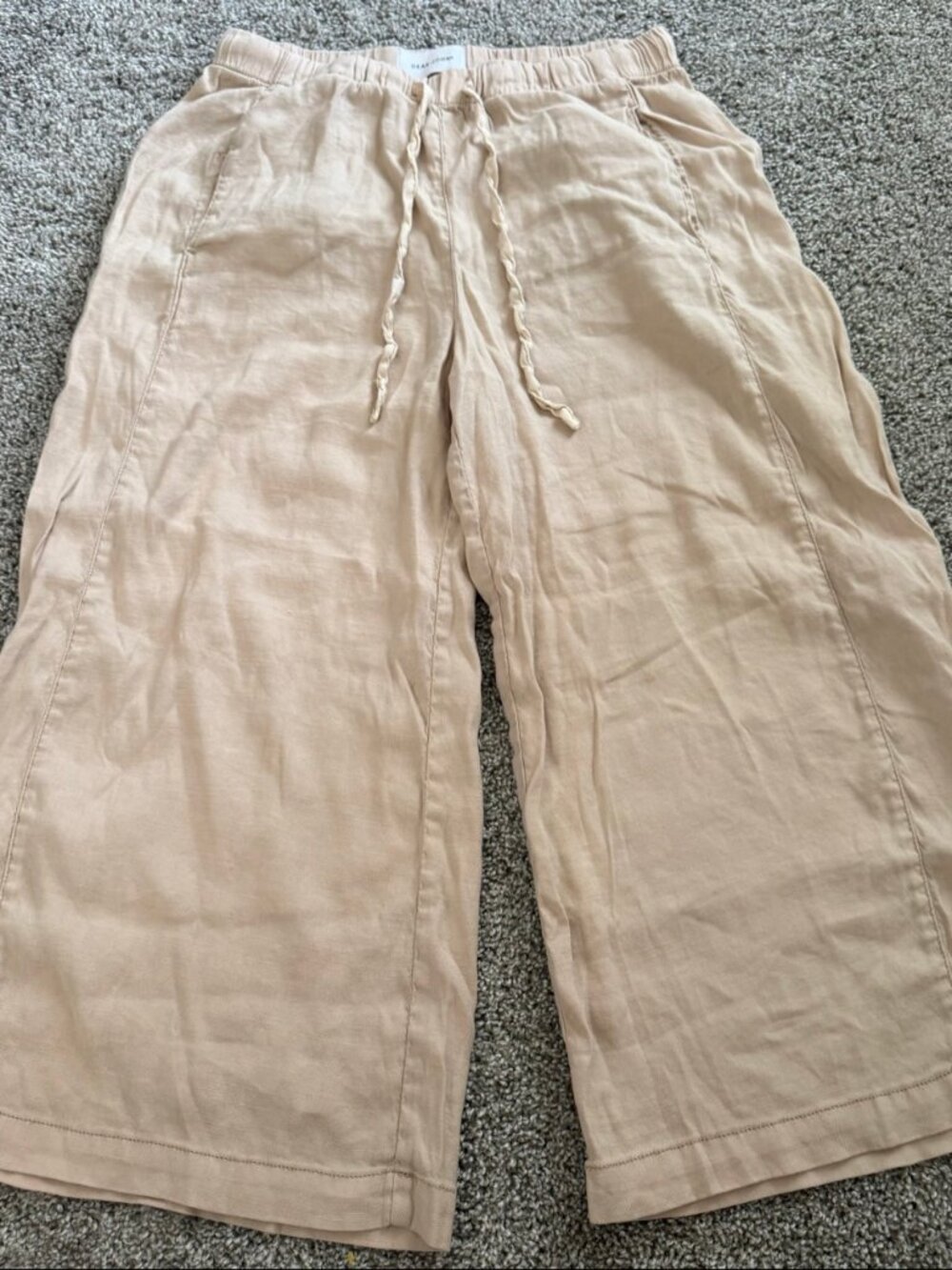 Dear John Wide Leg Cropped Pants Medium Beige Linen Blend Drawstring Waist